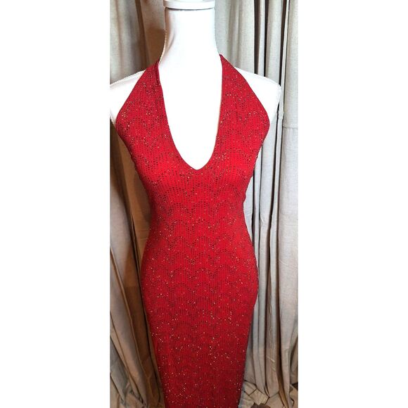 Gunne Sax Jessica McClintock Vtg Y2K Red Glitter Halter Glitter Maxi Dress - Picture 3 of 7